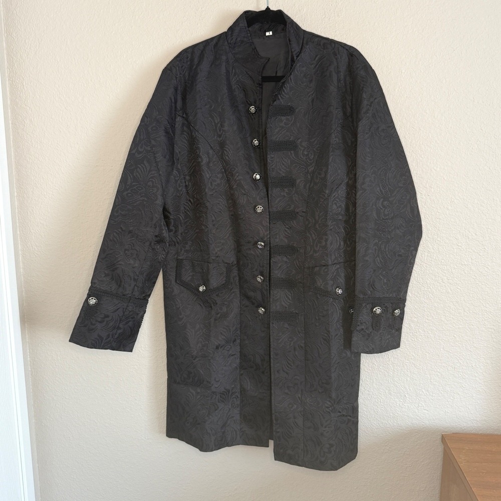 Steampunk Ren Faire Cosplay Black Jacquard Damask Frock Coat Jacket Mens Large